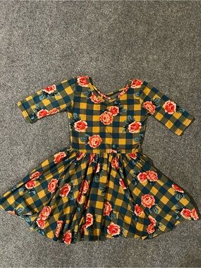 Dot Dot Smile Mustard and Dark Green Plaid Floral Twirl Dress size 3/4